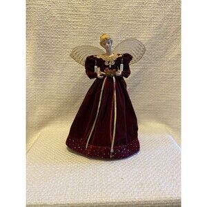 Vintage Christmas Angel Tree Topper Blonde Hair Maroon Velvet Gown Lights Wings